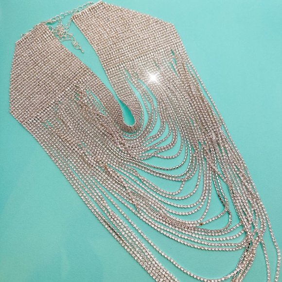 Silver -Tone Rhinestone Pave Waterfall Bib Necklace Multi Strand Chain Collar - Picture 5 of 10